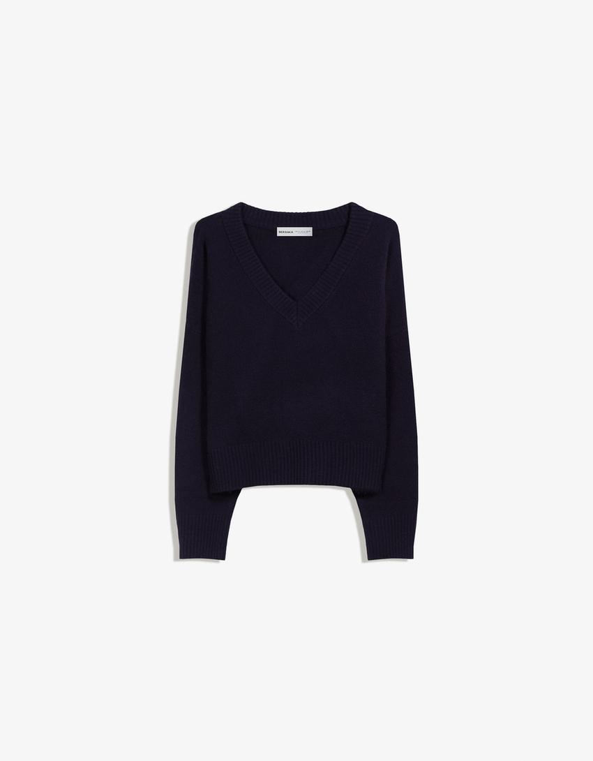 Pull court à col en V-Bleu