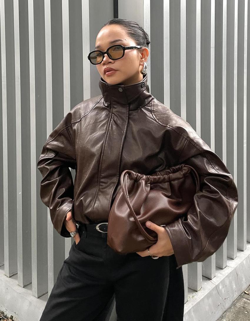 Oversize leather effect jacket-Brown