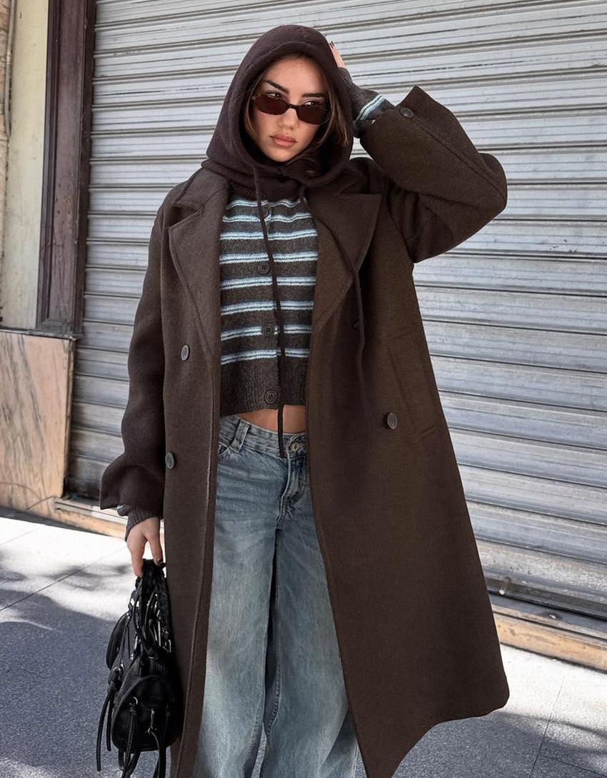 Manteau long épaule tombante-Marron