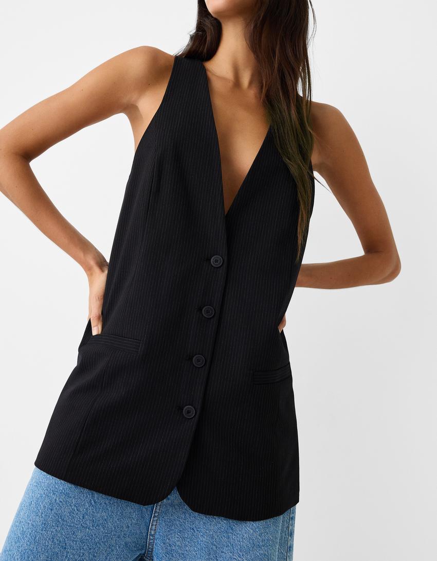 Gilet long sans manches boutons-Noir-2