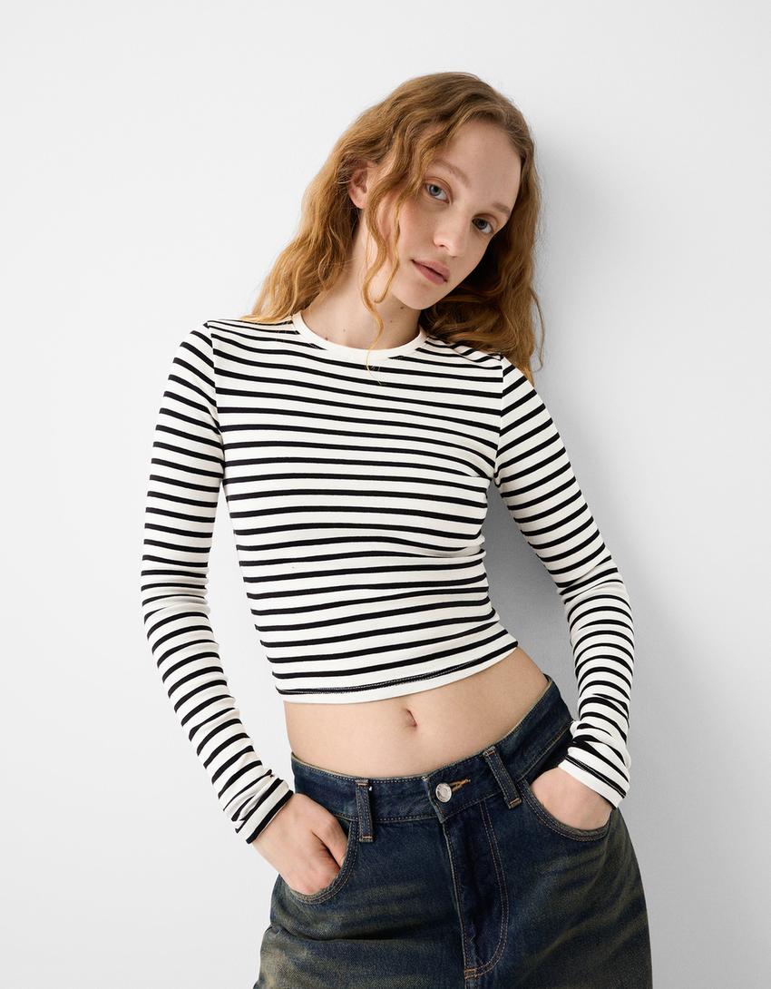 Uzun kollu bisiklet yaka t-shirt-Beyaz/Siyah-2