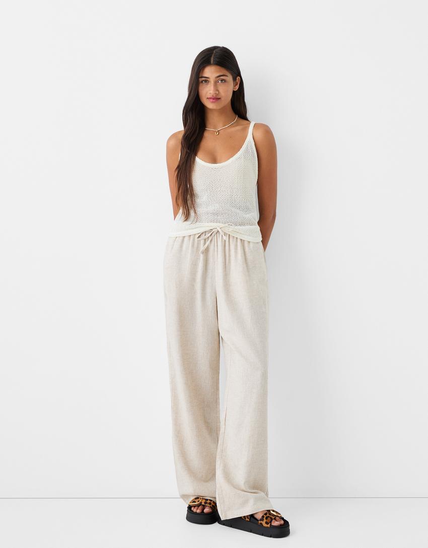 Calças direitas com linho cintura elástica-Cru-1