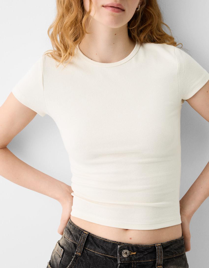 Kısa kollu bisiklet yaka t-shirt-Bej-5