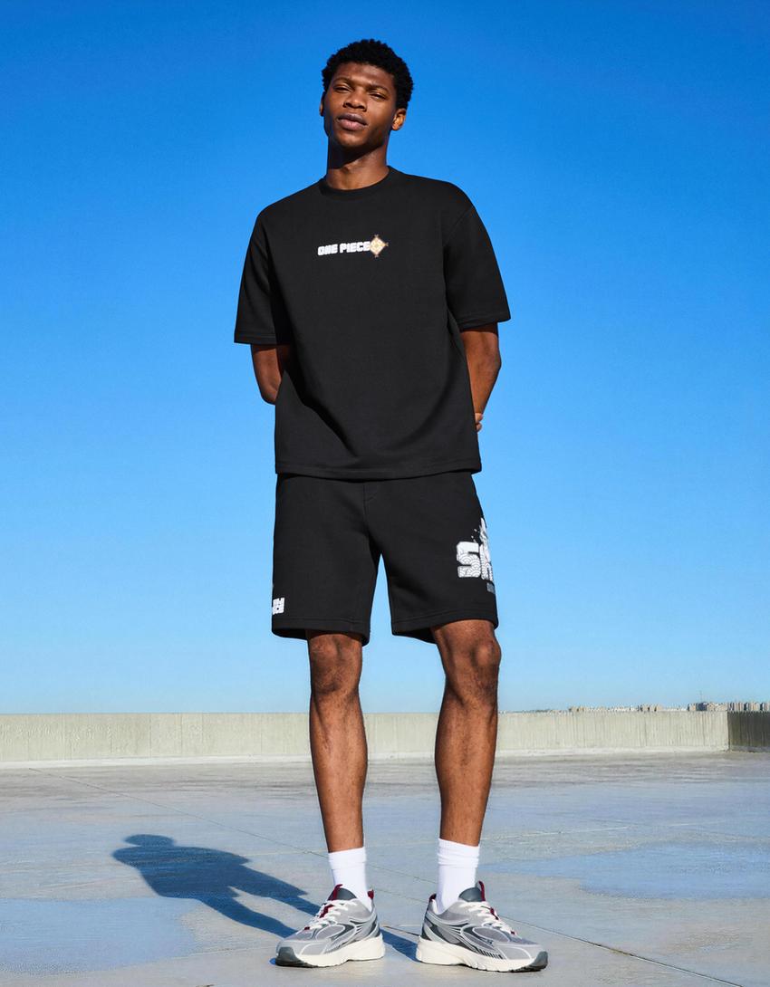 T-shirt One Piece molleton manches courtes imprimé-Noir