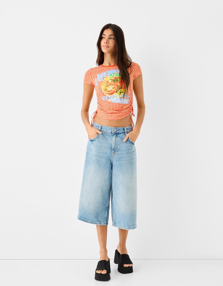 Printed short sleeve T-shirt with side gathering-Red-3