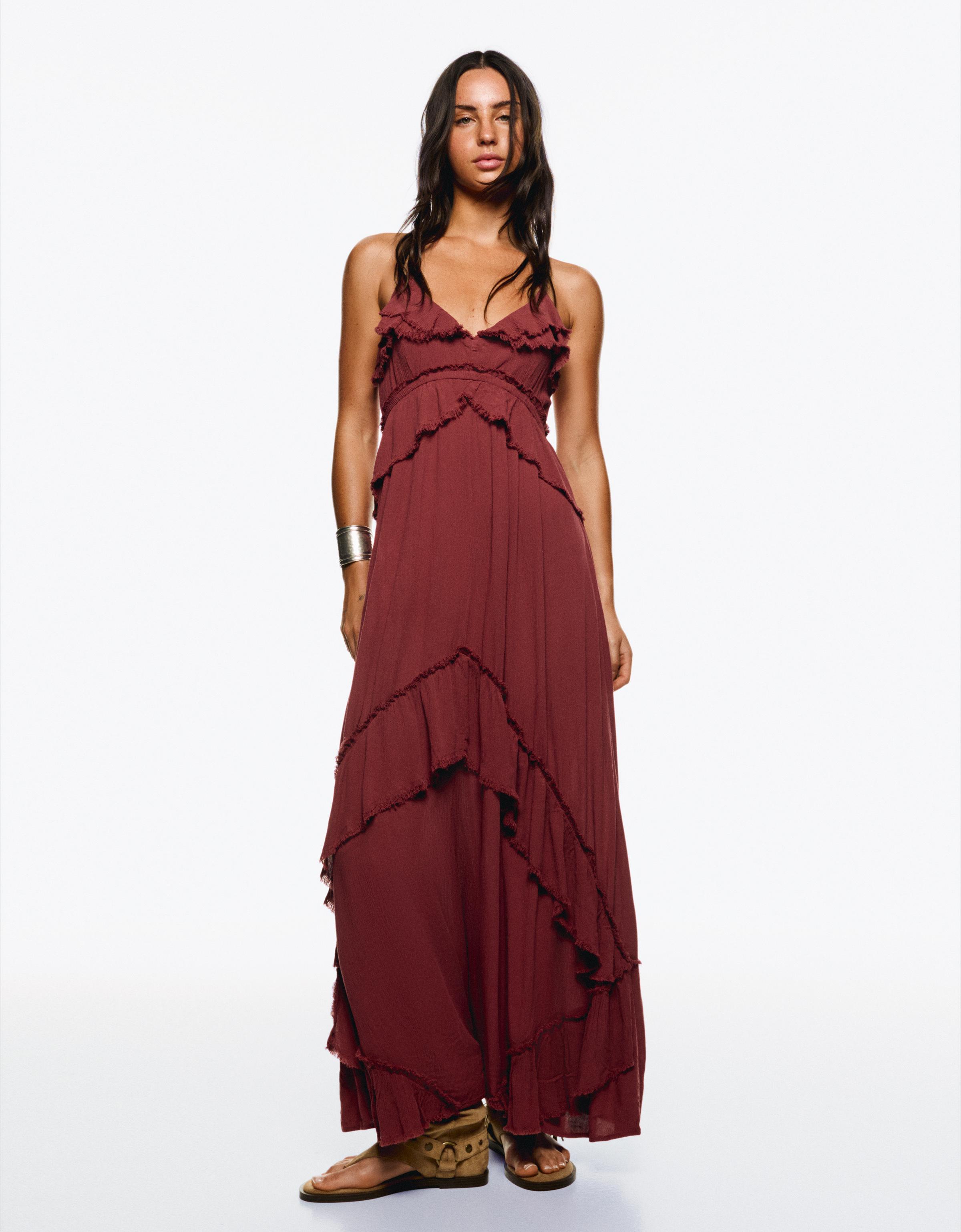 Bershka Maxikleid Mit Rüschenstruktur Damen L Bordeaux
