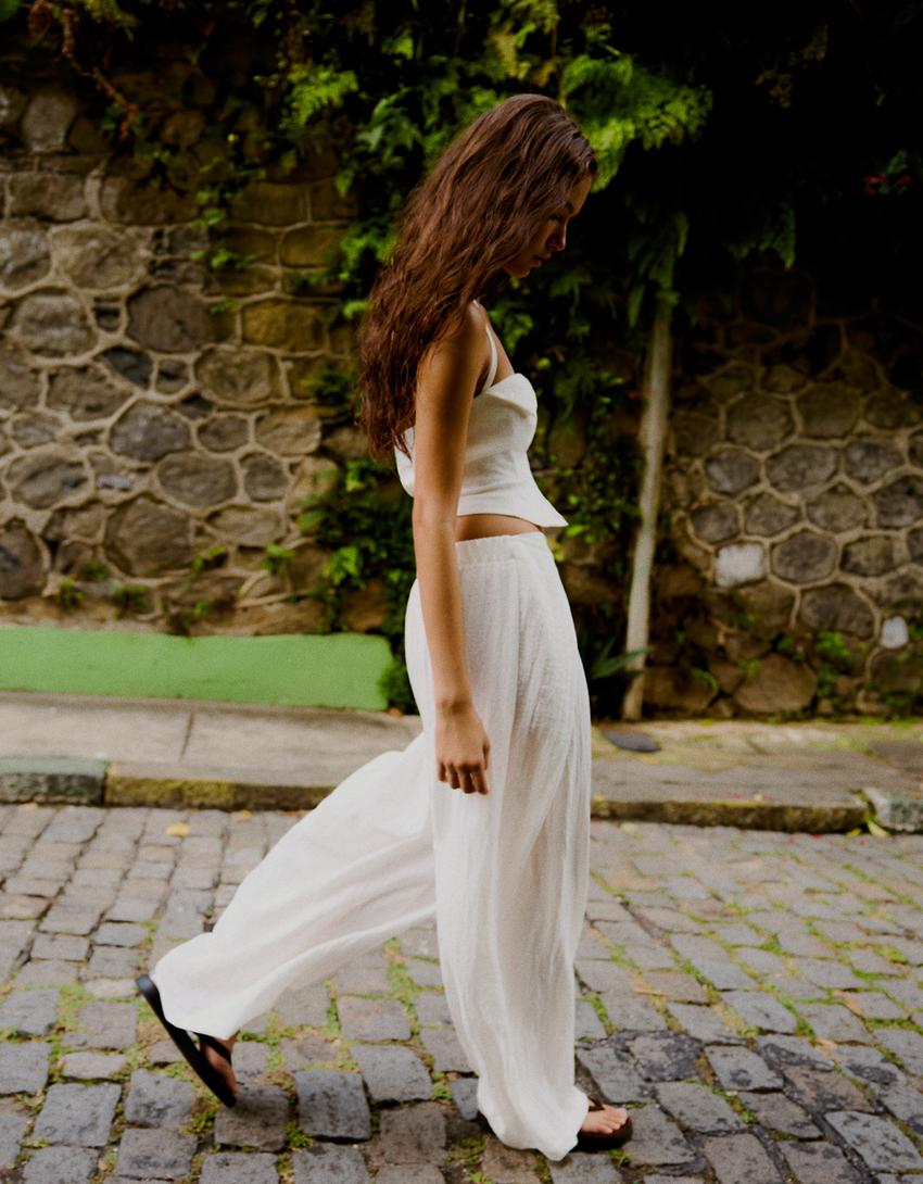 Rustic wide-leg trousers with pleats-Off white