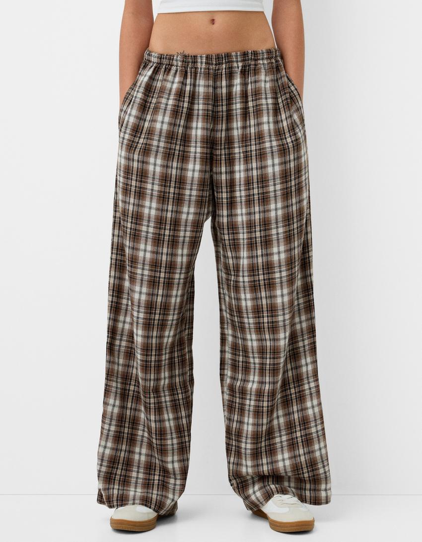 Calças direitas aos quadrados-Marrom-1