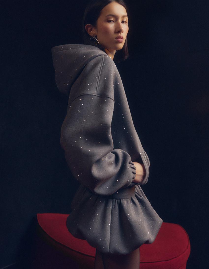 Shimmery neoprene-effect hoodie-Dark grey