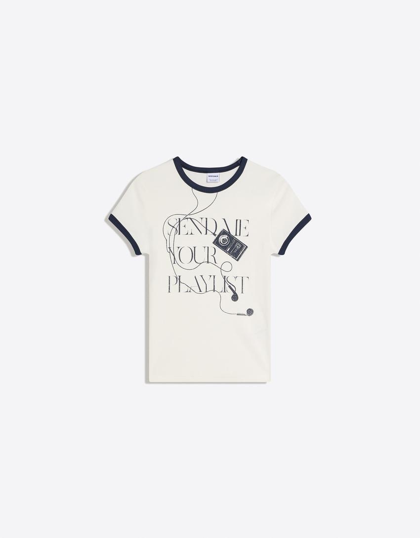 T-Shirt mit kurzen Ärmeln und Print-Grbrochenes Weiss