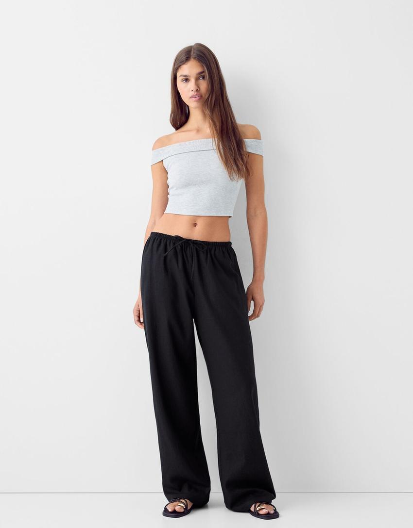 Straight-leg linen blend pants with an elastic waist-Black-0