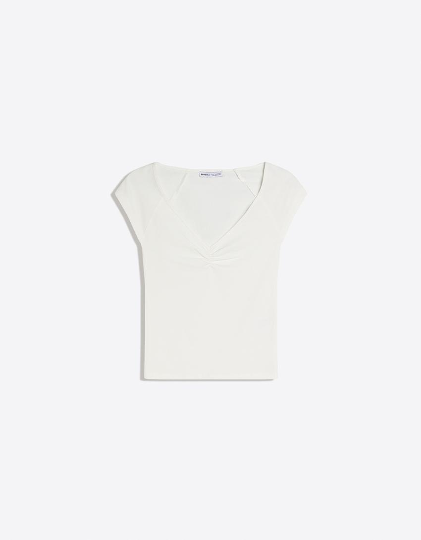 Short sleeve T-shirt with gathering-Off white