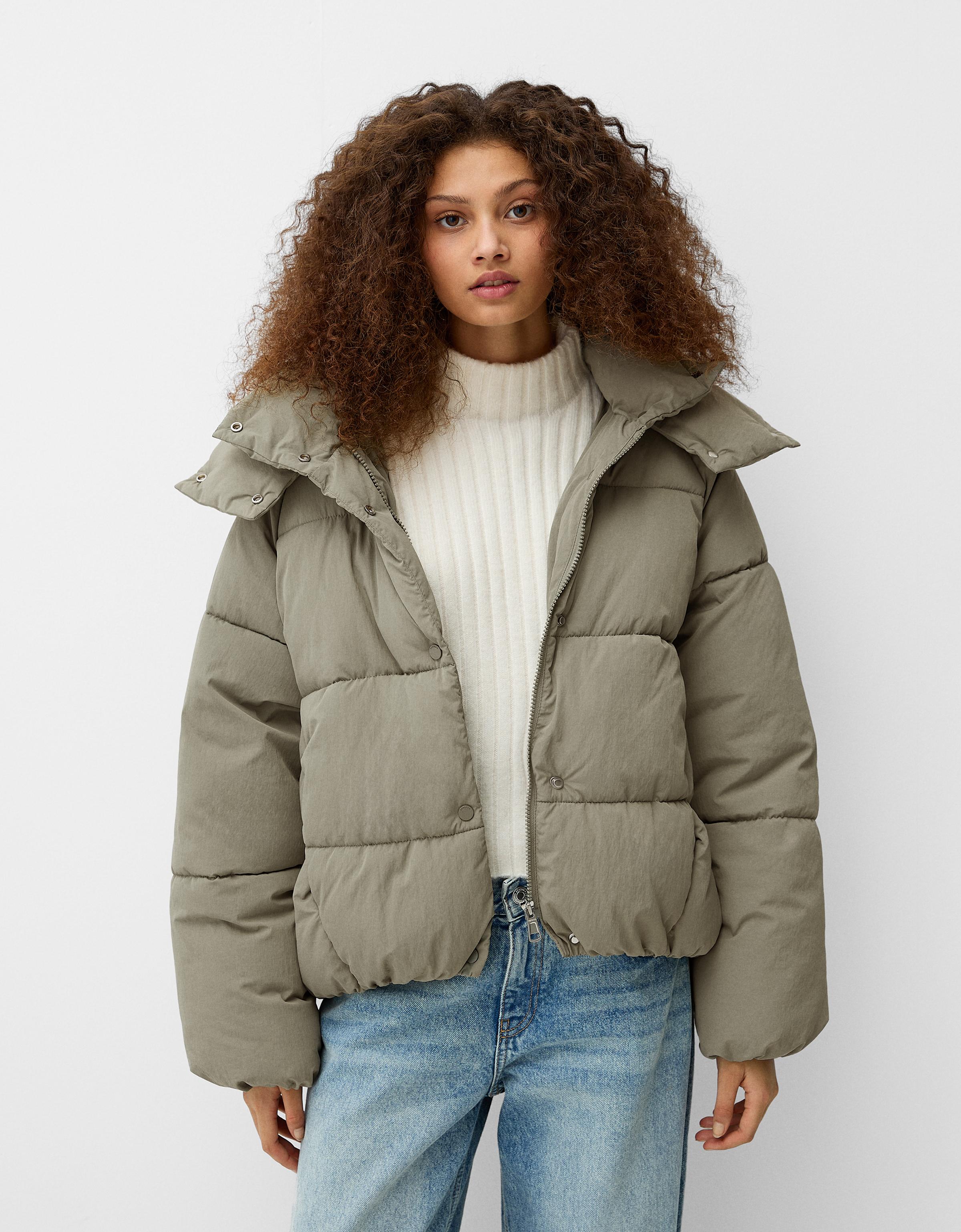 Bershka Wasserabweisende Steppjacke Mit Kapuze Damen L Khaki