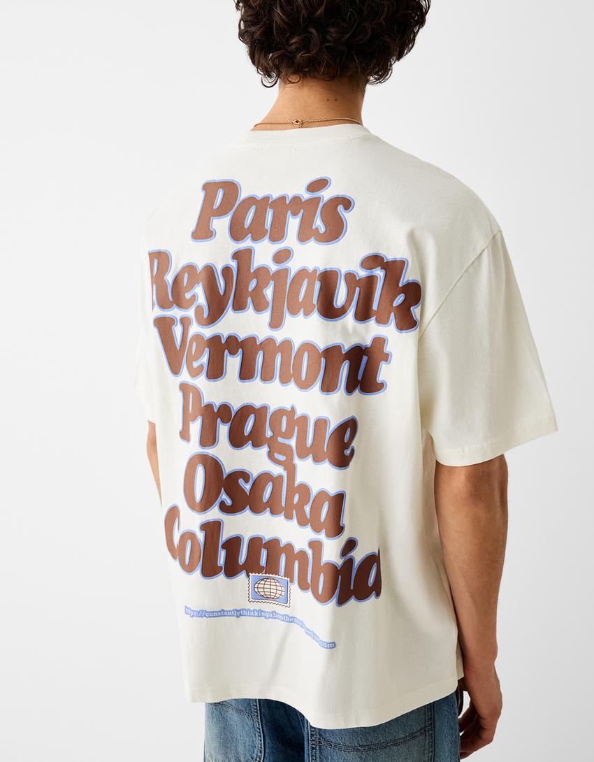 T-shirt manches courtes boxy fit imprimé-Blanc cassé-2