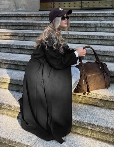 Long funnel neck coat with belt — Black 3