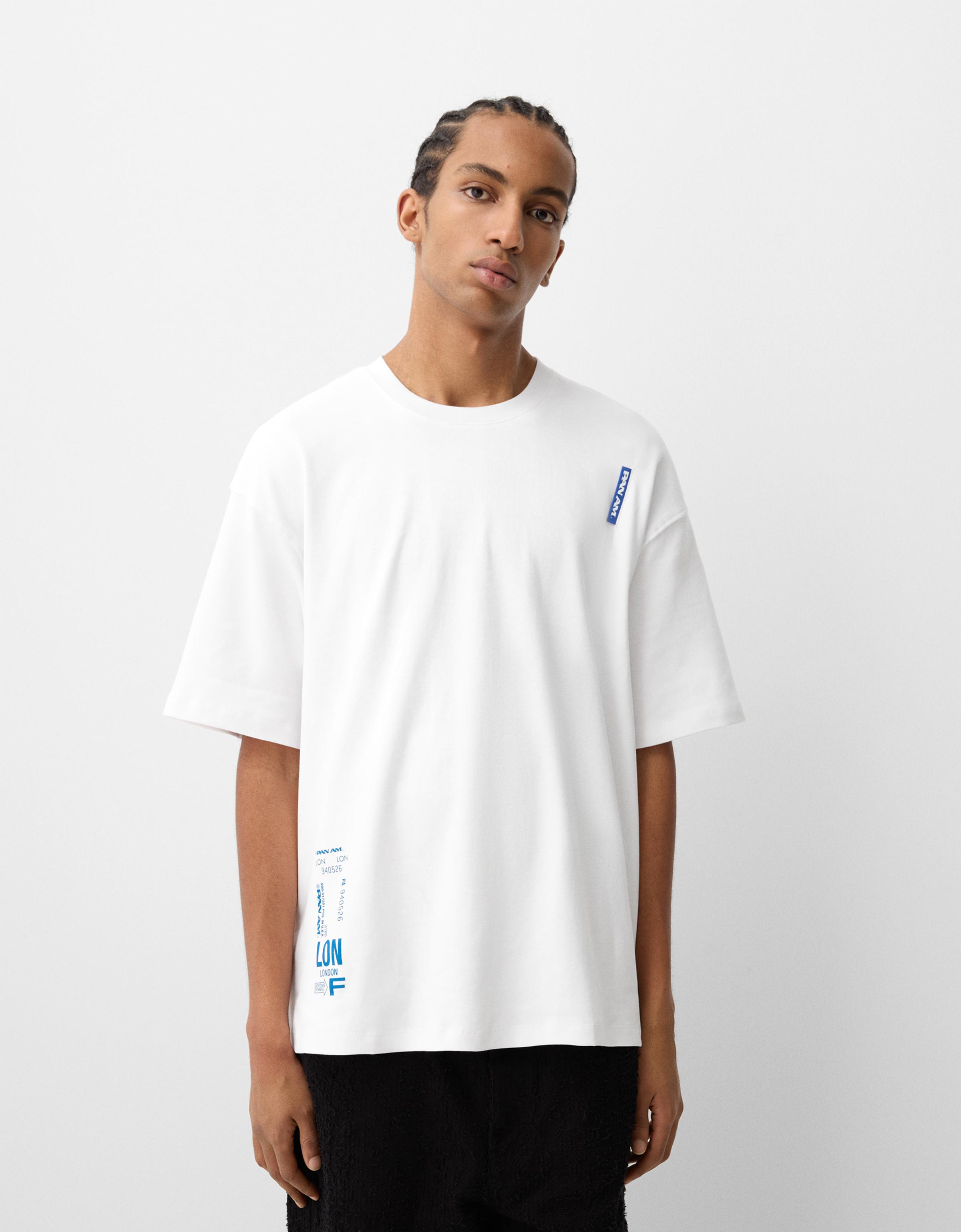 Bershka T-Shirt Pan Am Mit Kurzen Ärmeln Und Print Herren L Weiss