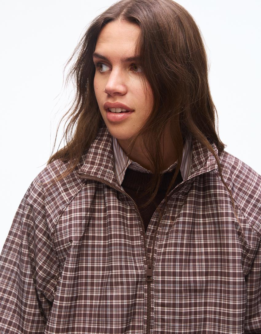 Oversize check zip-up jacket-Brown