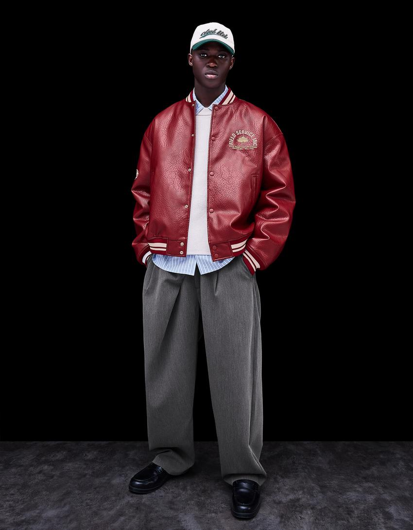 Printed leather effect bomber jacket-Red