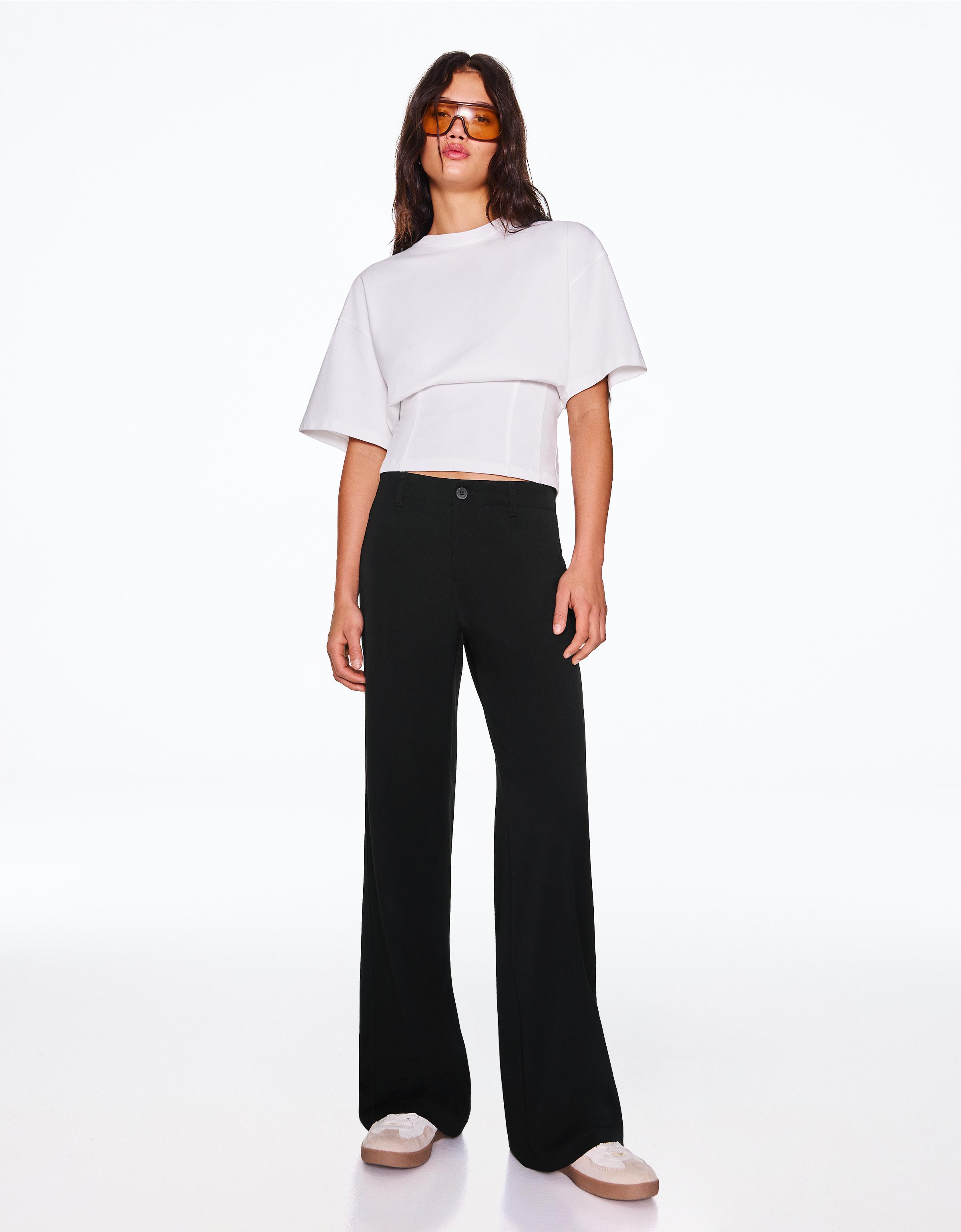 Bershka Pantaloni Gamba Larga Donna 42 (Eu 38) Nero