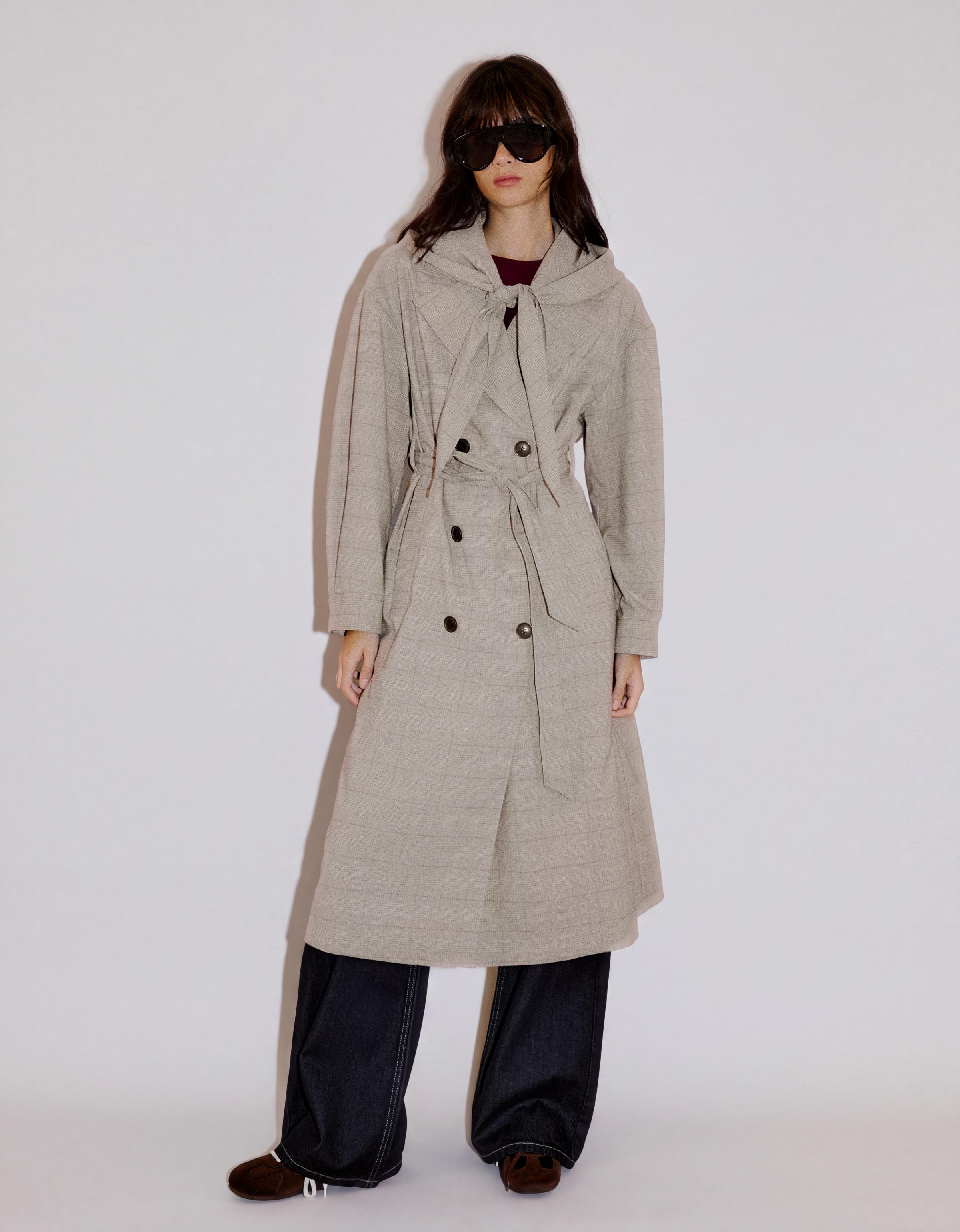 Long check scarf trench coat — Dark grey