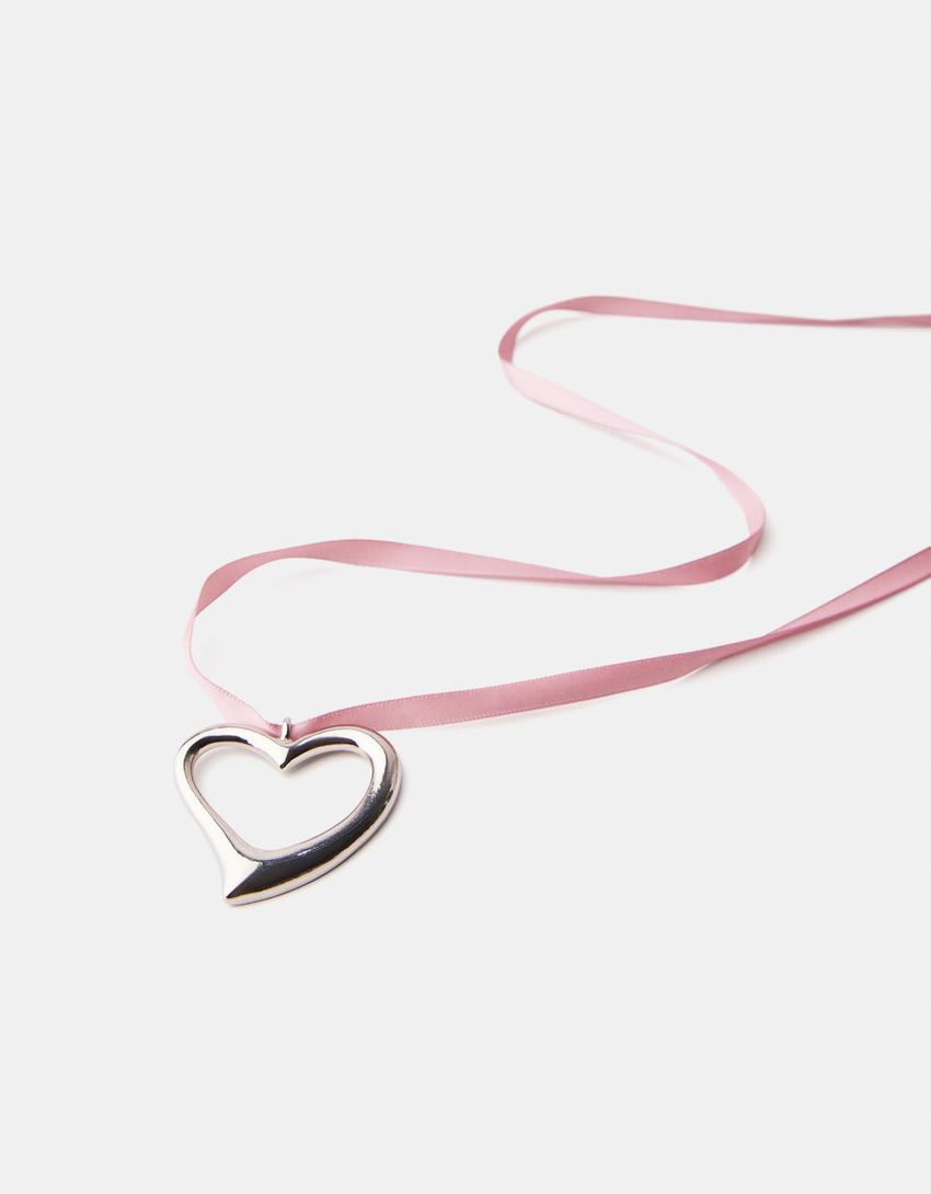 Satin necklace with heart charm-Silver-4