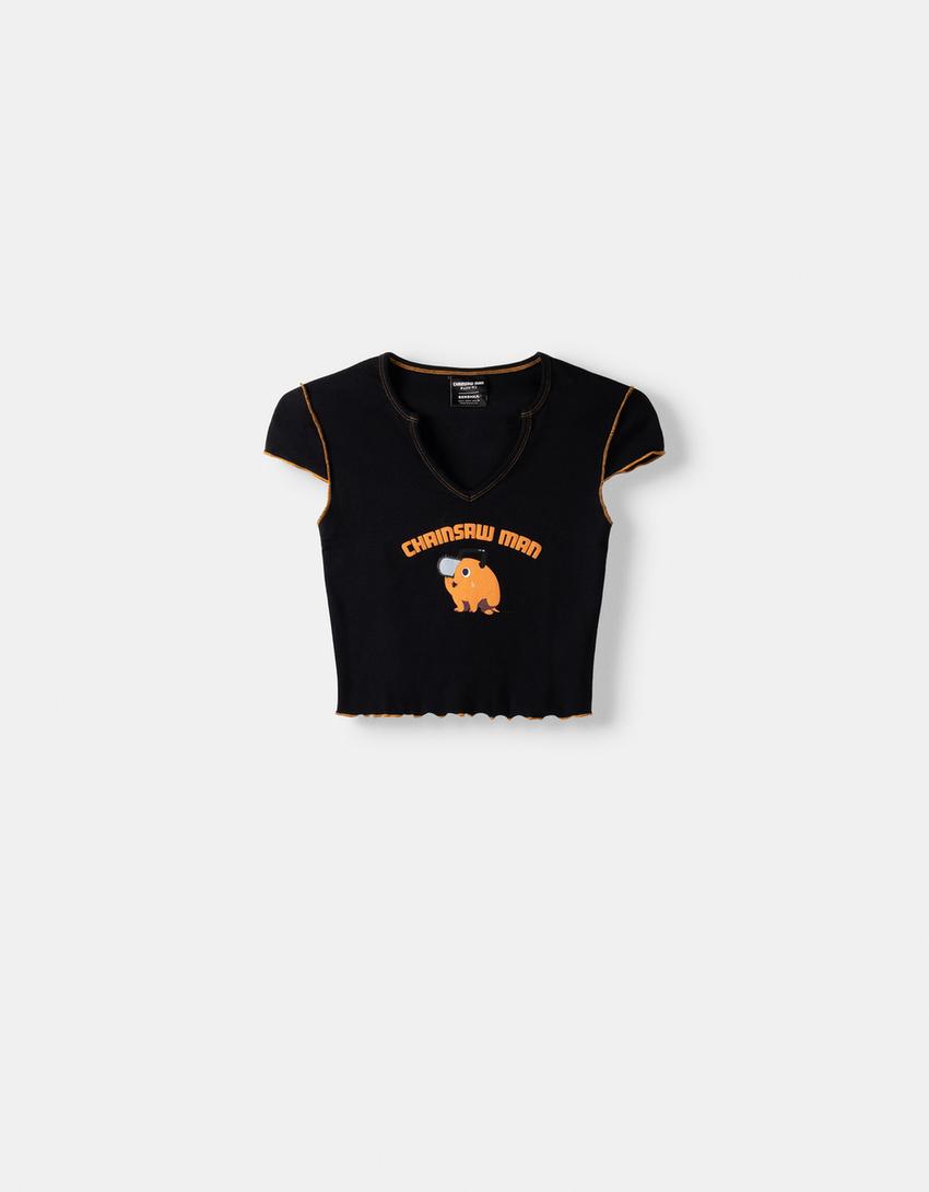 T-shirt manches courtes cropped imprimé Chainsaw Man-Noir-4