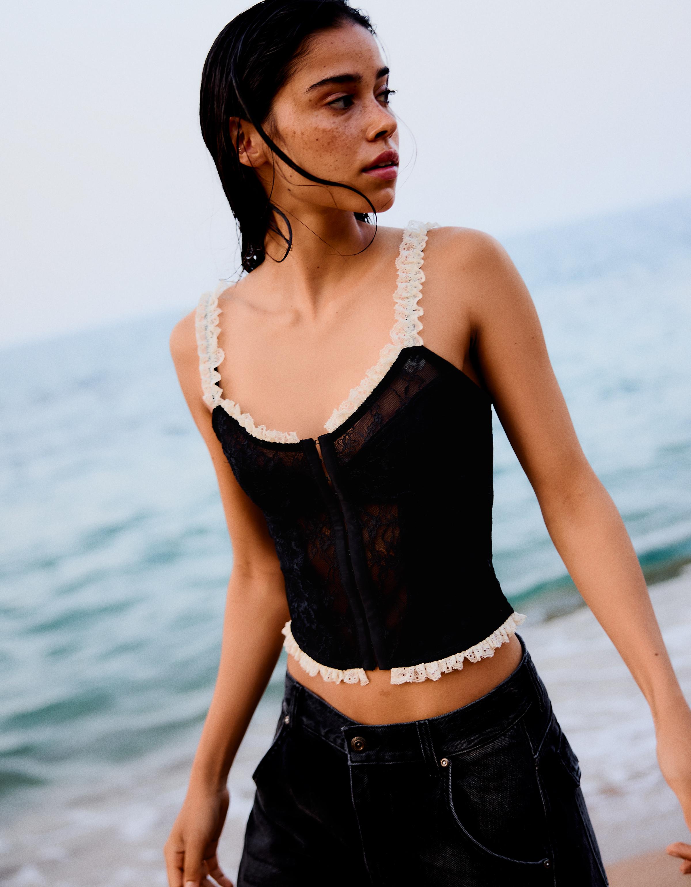 Bershka Top Corsé Encaje Mujer Negro