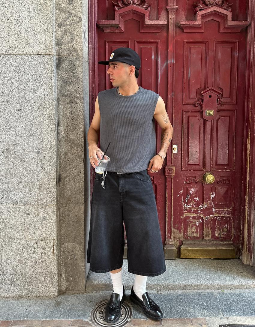 Baggy denim Bermuda shorts-Black-2
