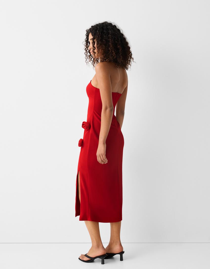 فستان شريطي متوسط الطول بتفصيل زهرة-أحمر-2