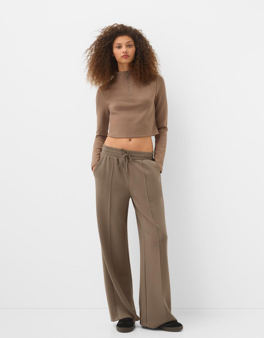 Soft touch wide-leg trousers-Sand