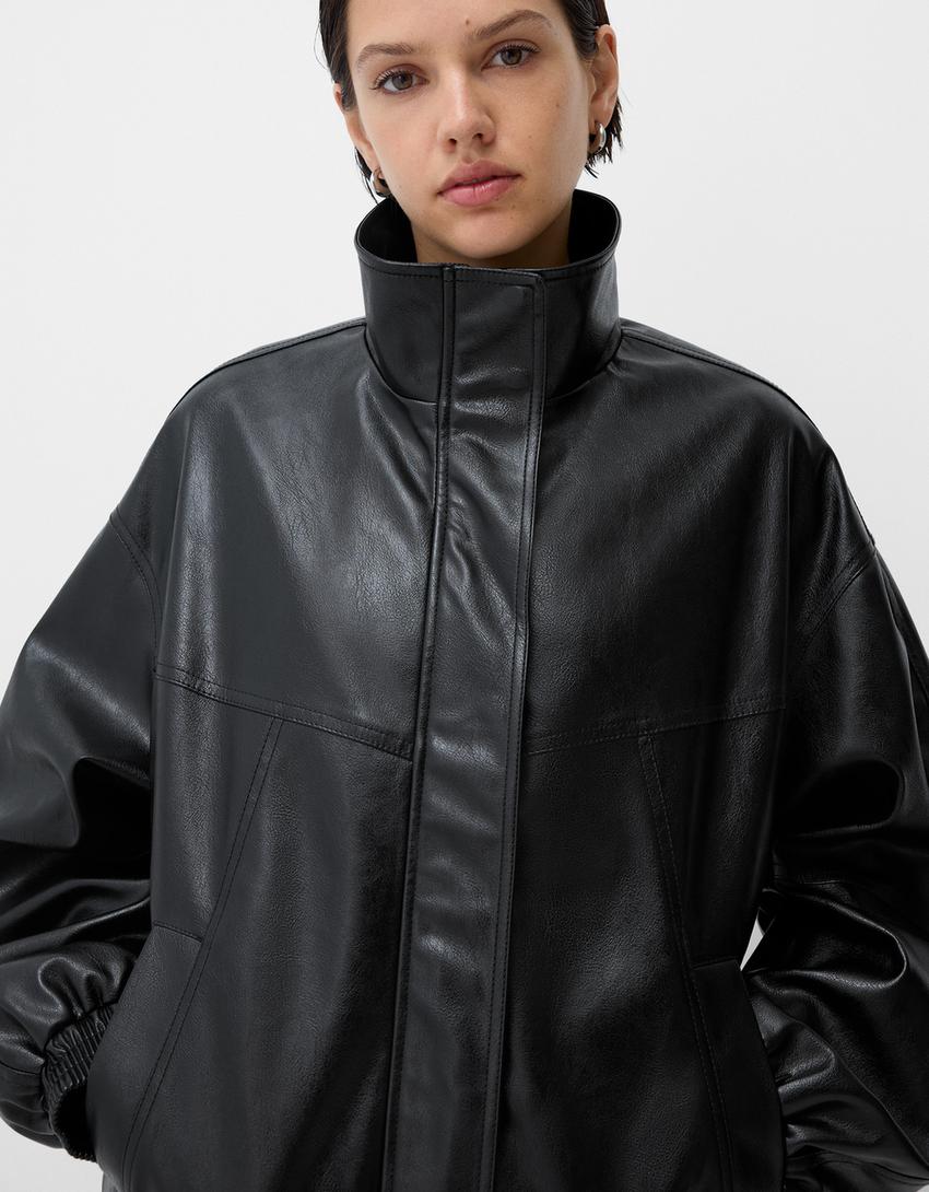 Blouson oversize en similicuir-Noir-5