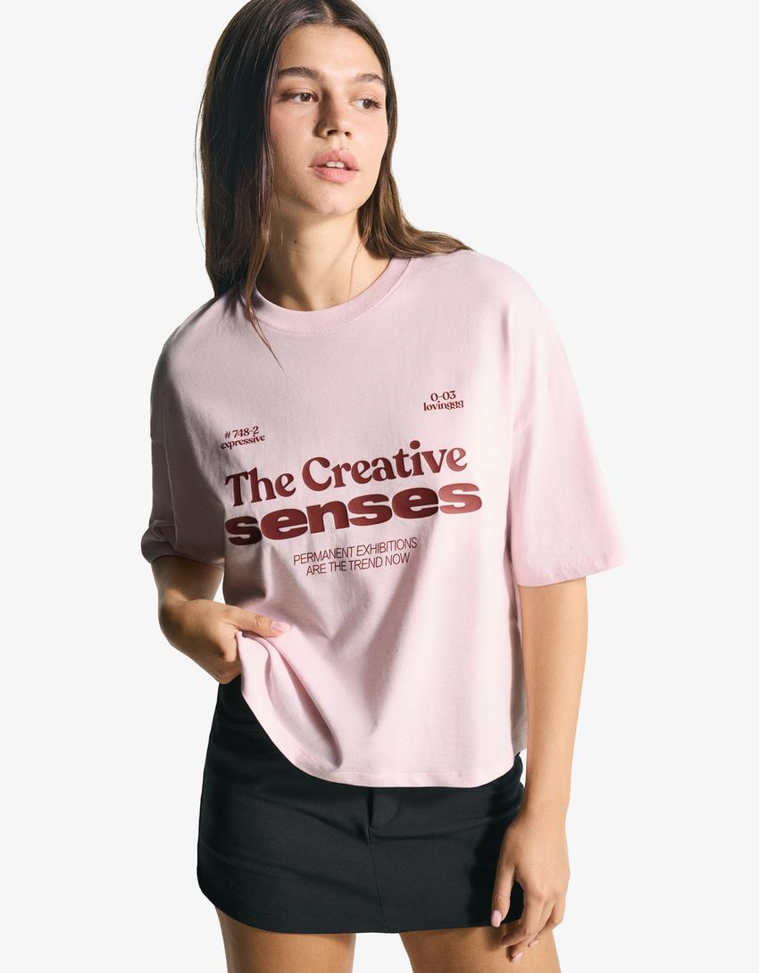 T-shirt Boxy fit à manches courtes imprimé-Rose