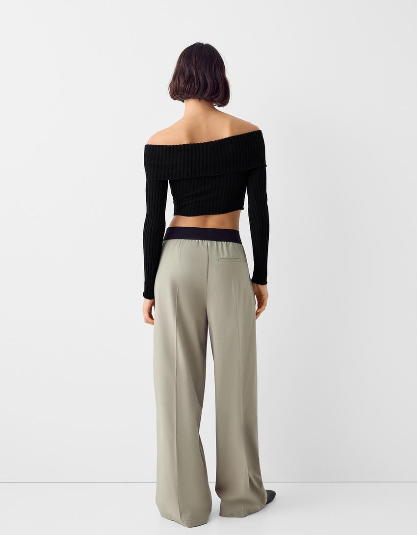 تيشرت باردو مضلع بأكمام طويلة-أسود-1