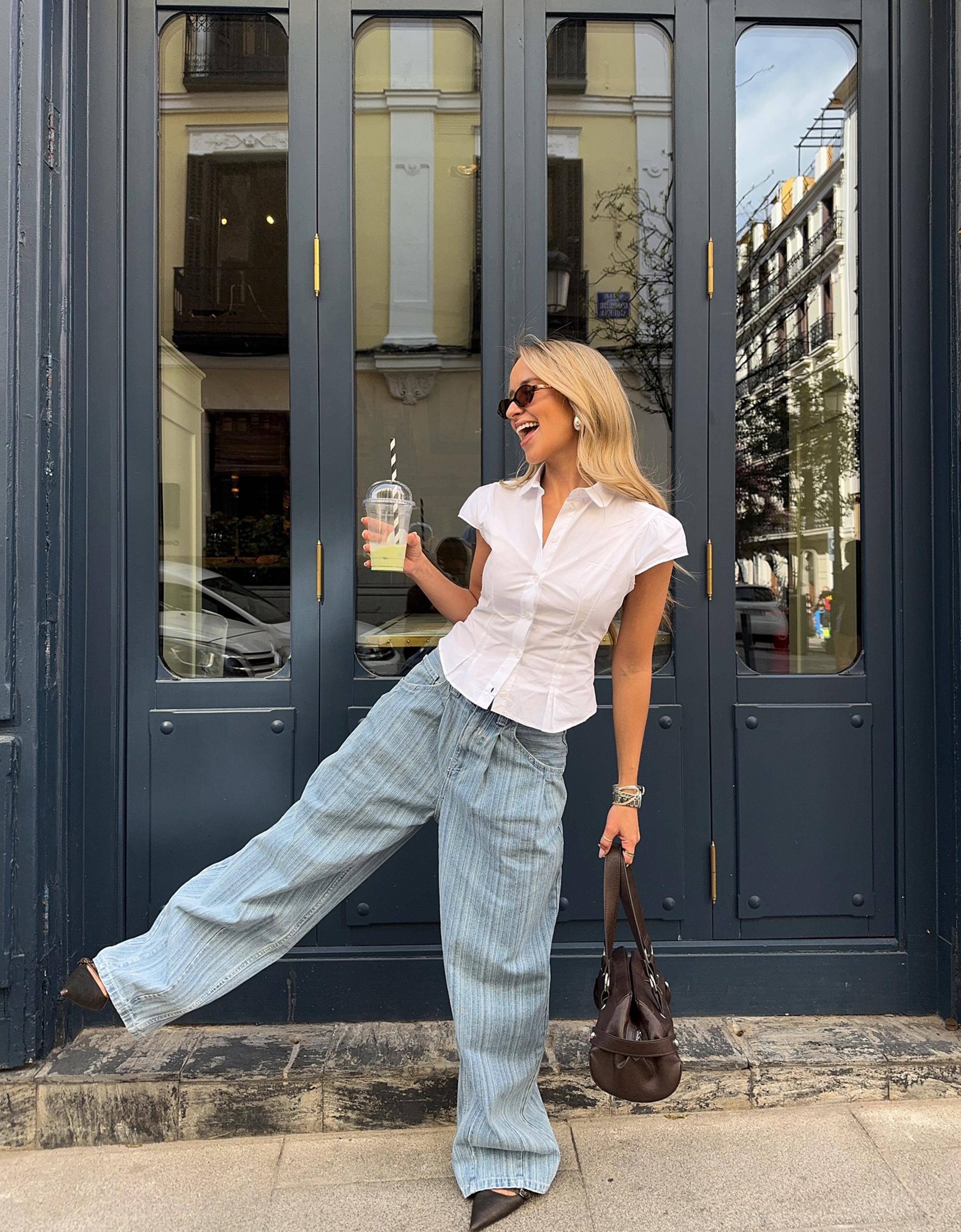 Bershka Balloon-Jeans Mit Streifen Damen 34 Ausgewaschenes Blau