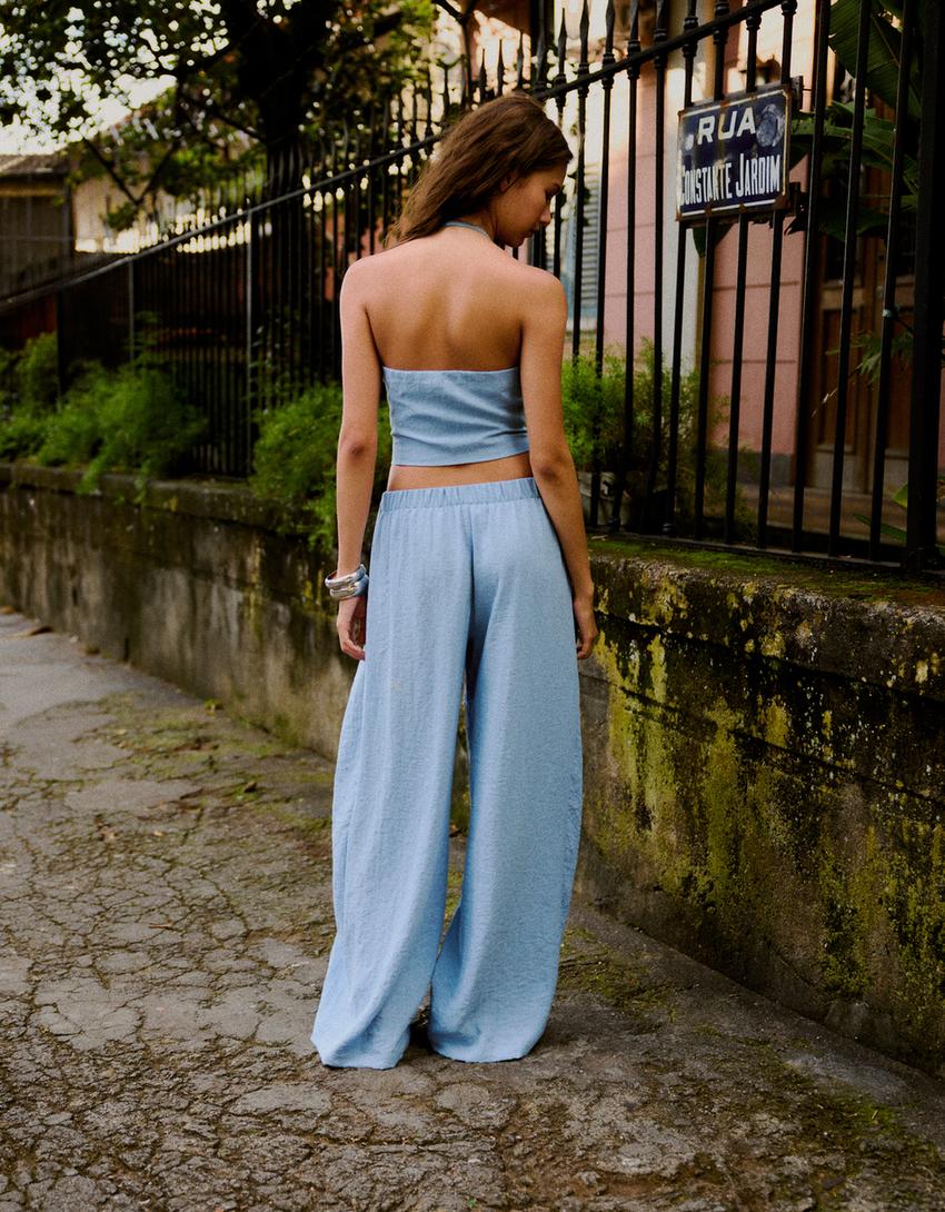 Wide-leg rustic pleated trousers-Light blue