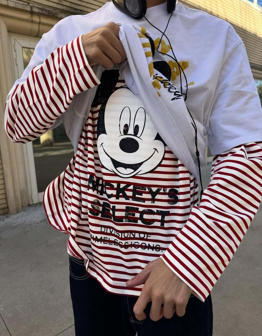 Mickey Mouse long sleeve print T-shirt-Burgundy