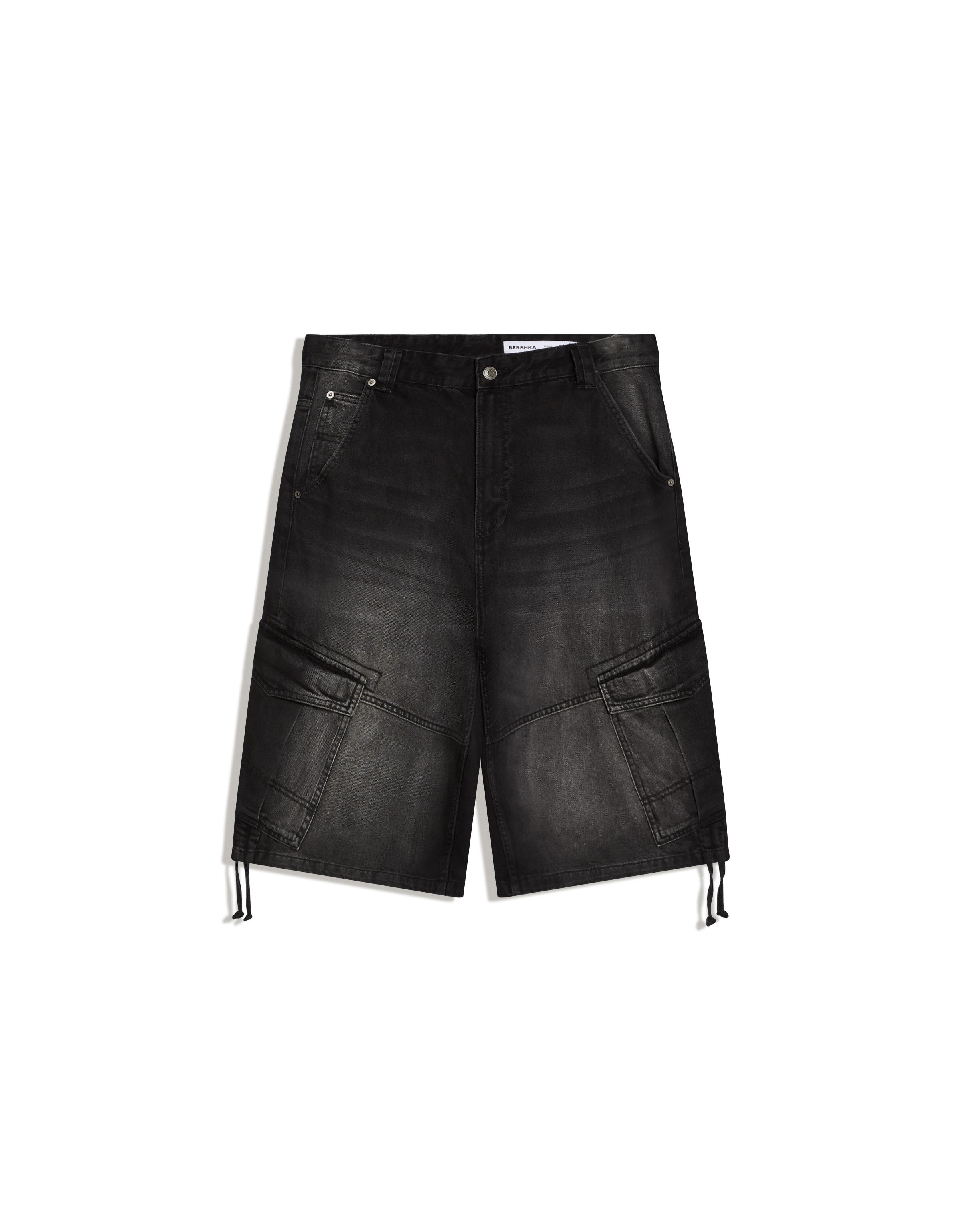 Denim cargo parachute Bermuda shorts — Black