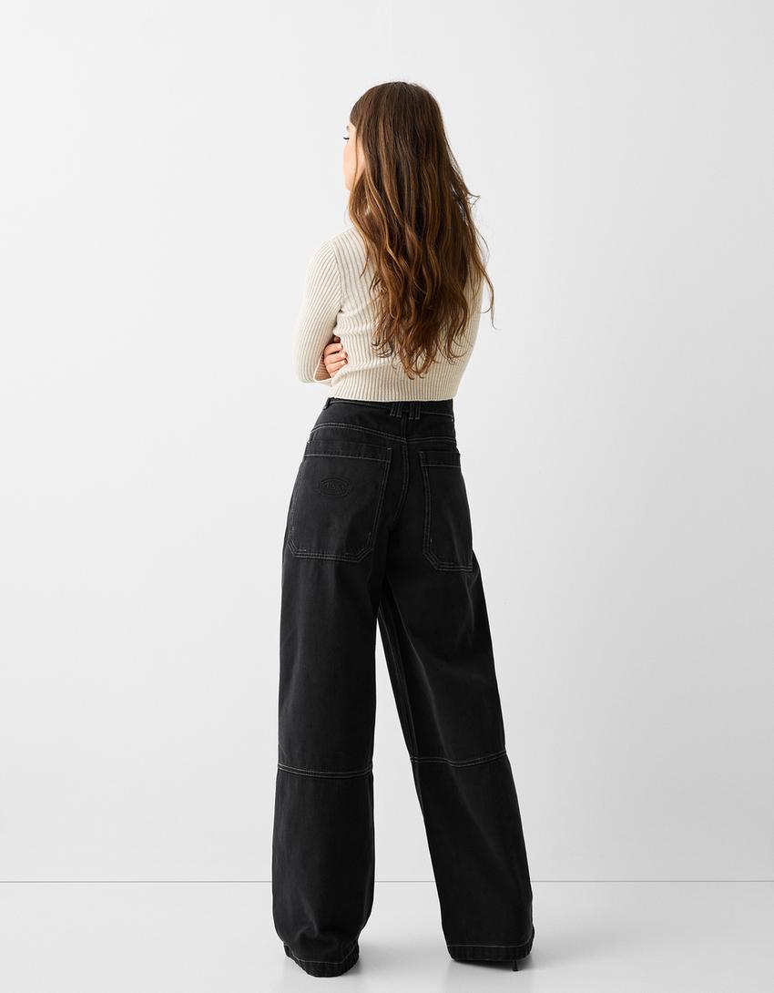Wide-leg skater-fit twill trousers-Grey