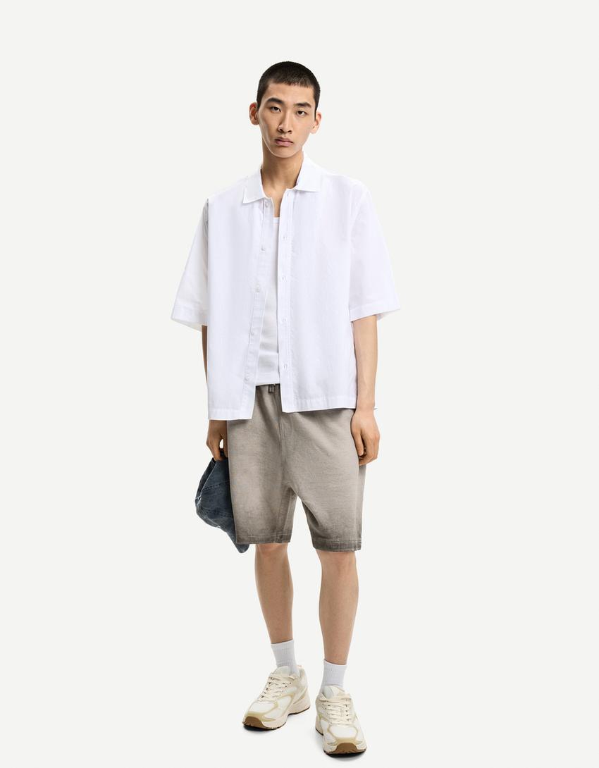 Faded-effect waffle-knit Bermuda shorts-Grey-0