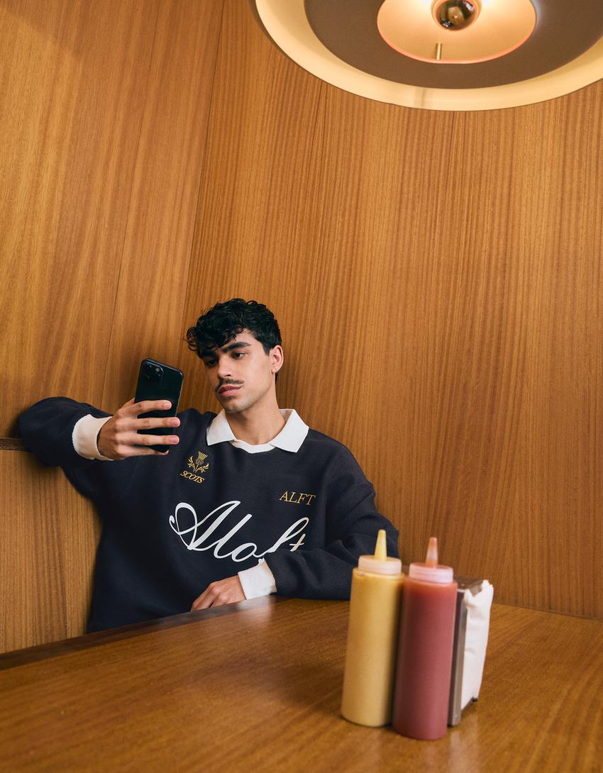 Tricou polo mânecă lungă boxy print-Bleumarin