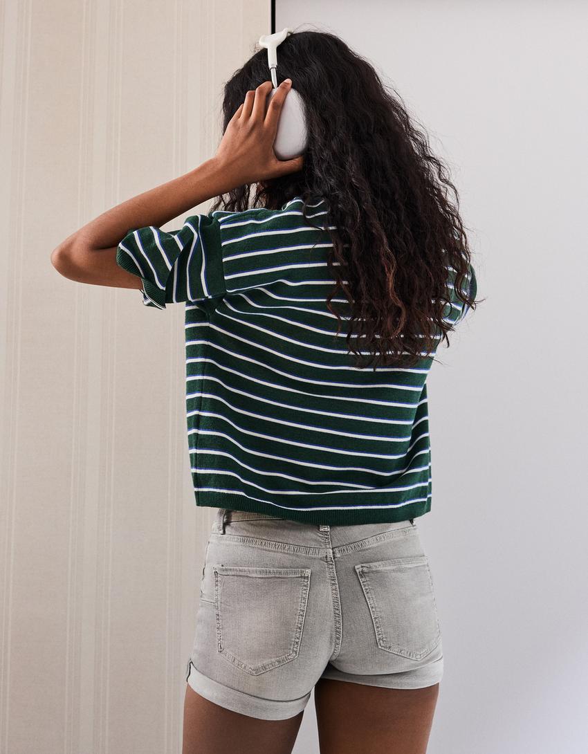 Katlanabilir paçalı denim şort-Gri