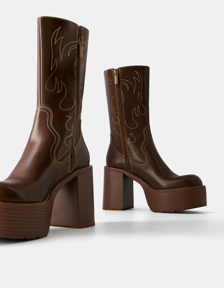 Bottines talon large plateforme-Marron-4