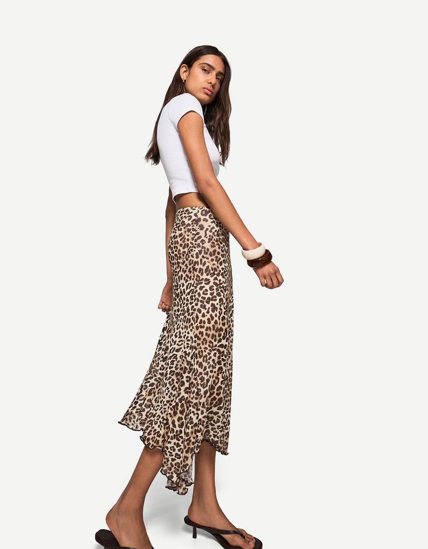 Tulle printed midi skirt with ruffles-Cream