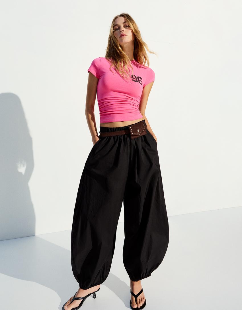 Short sleeve T-shirt with gathering and print-Fuchsia