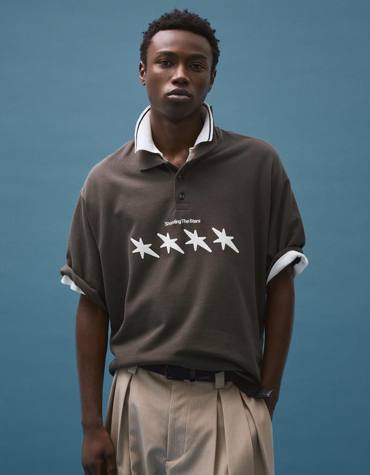 Baskılı boxy fit polo yaka t-shirt