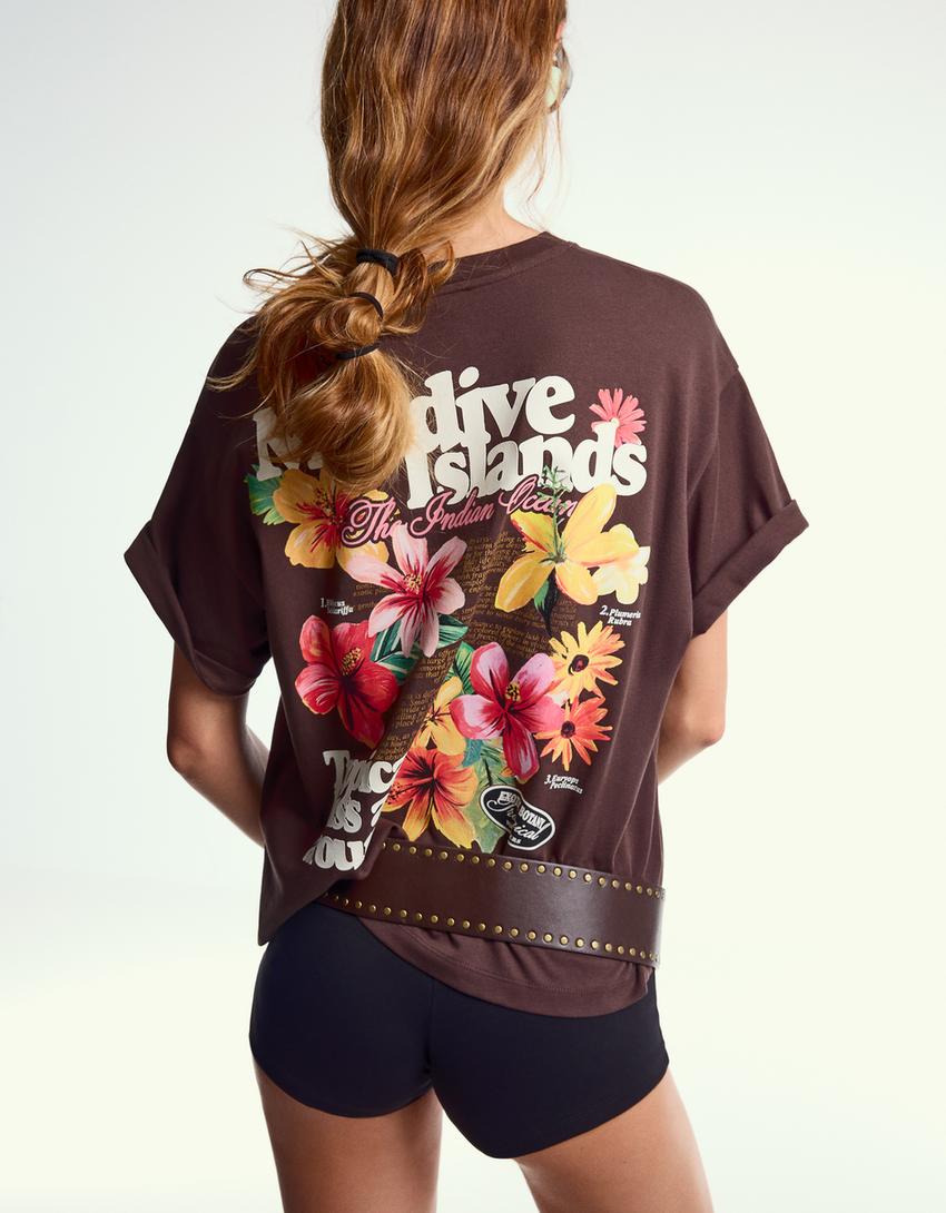 T-shirt manches courtes oversize imprimé-Marron-2