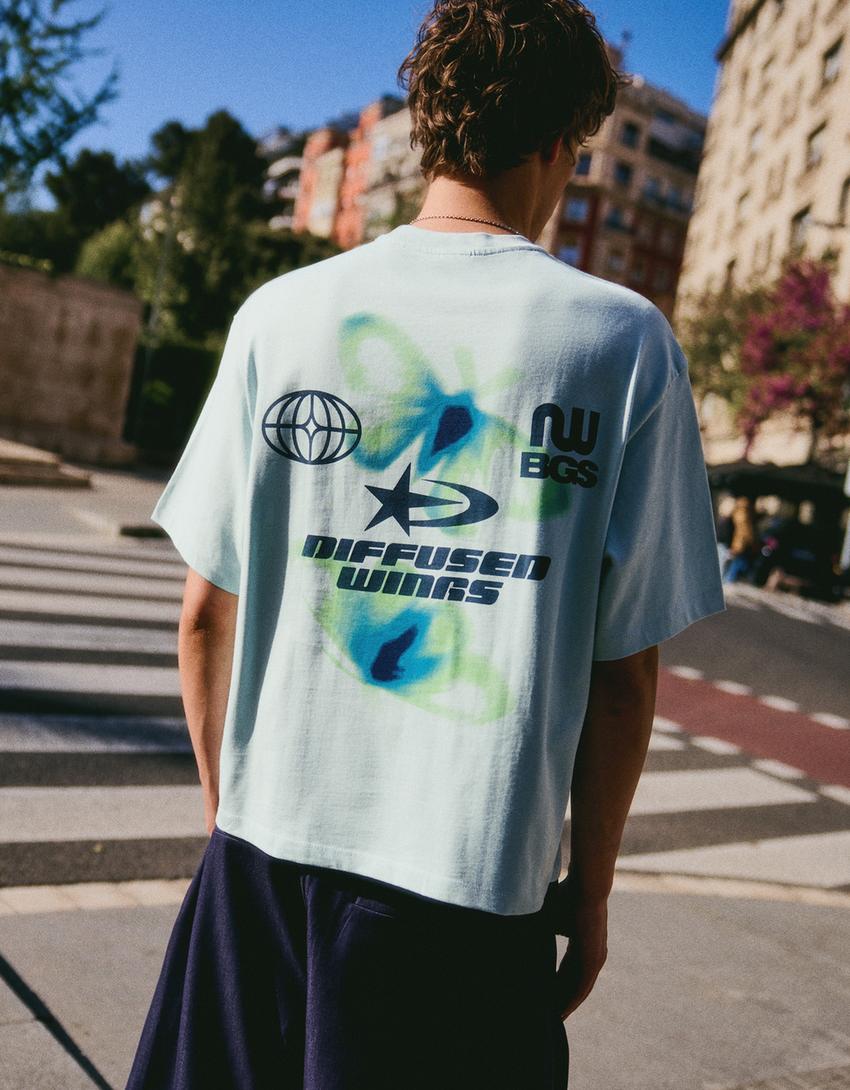 Print boxy fit T-shirt-Light blue