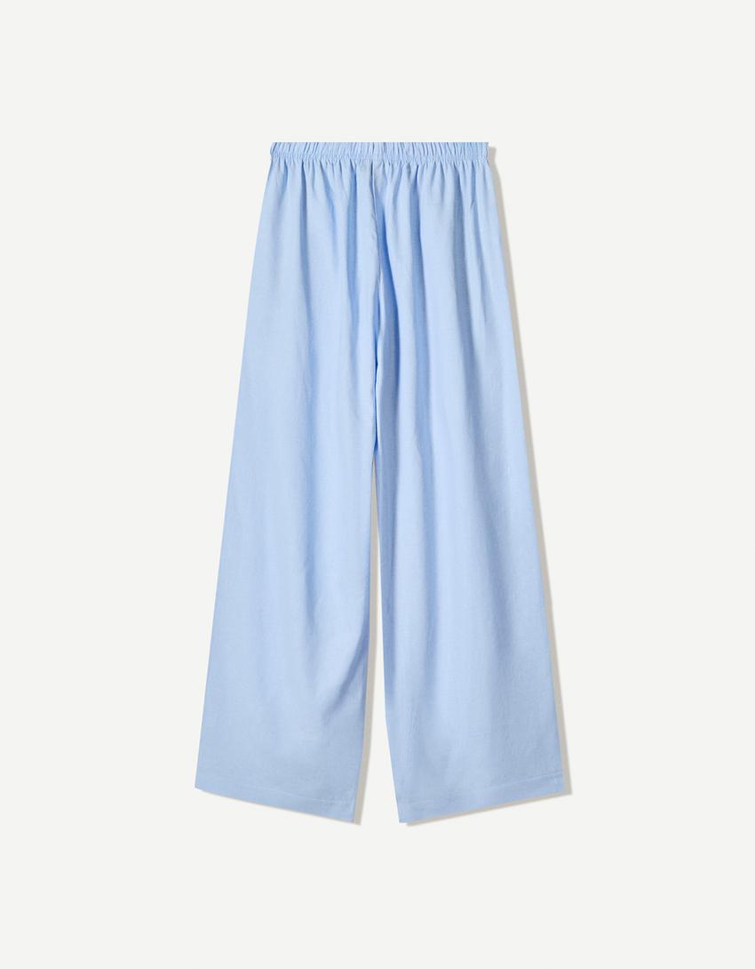 Linen blend trousers with an elasticated waistband-Light blue-1