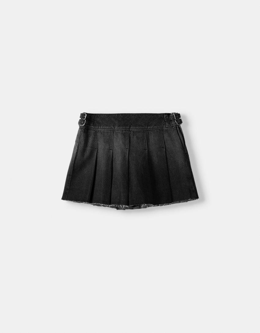 Box pleat denim mini skort-Black