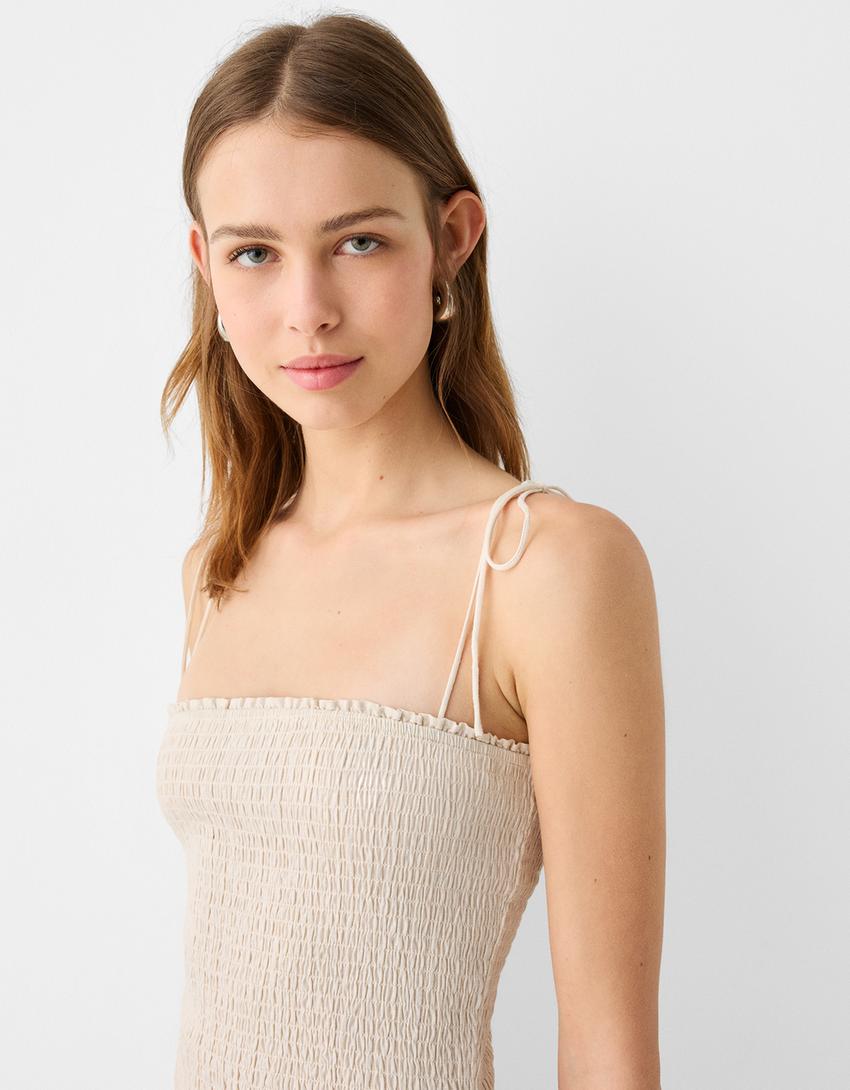 فستان قصير بمربعات خلية النحل-رملي-5